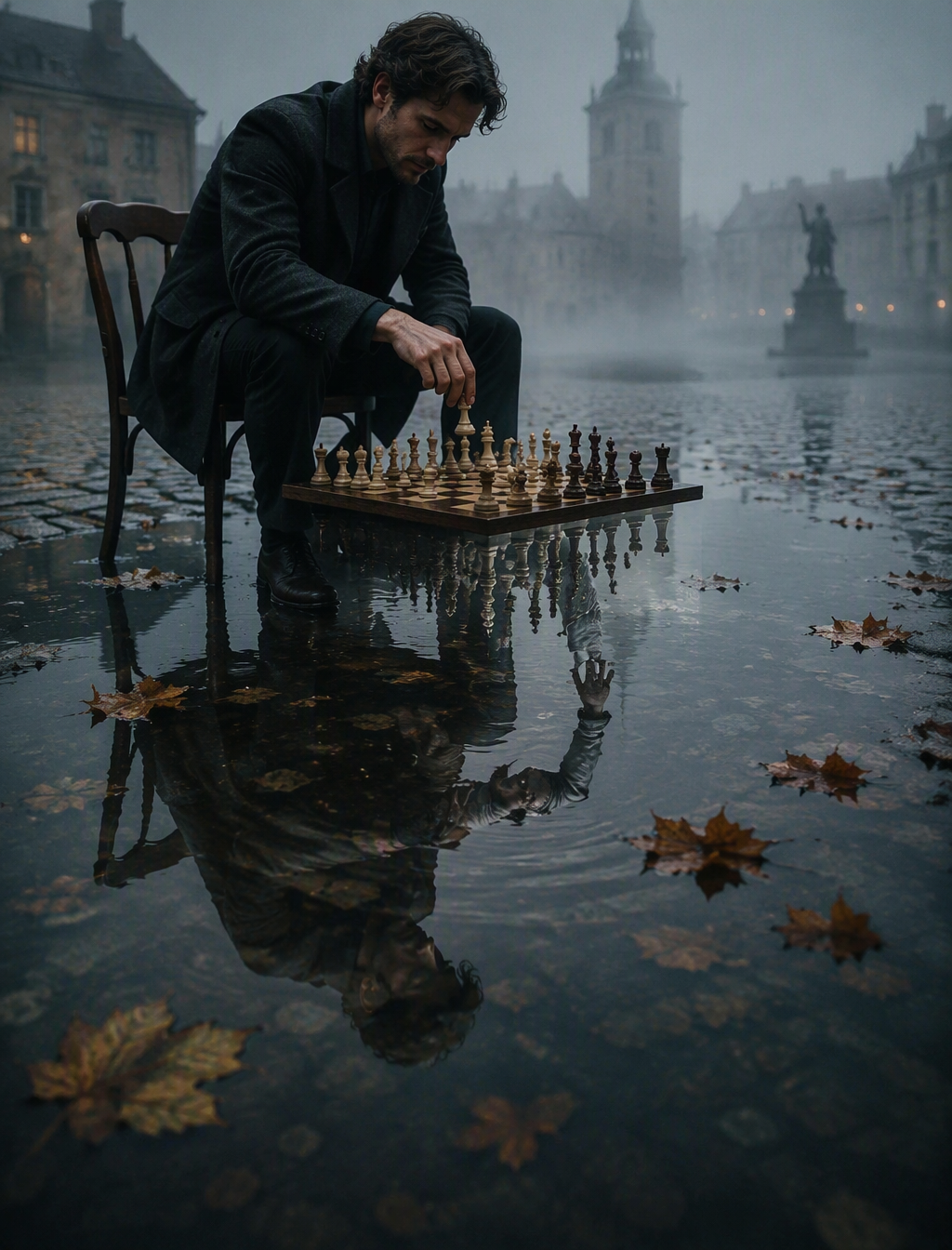 Adult seated at chessboard above a puddle where the opponent appears only in reflection