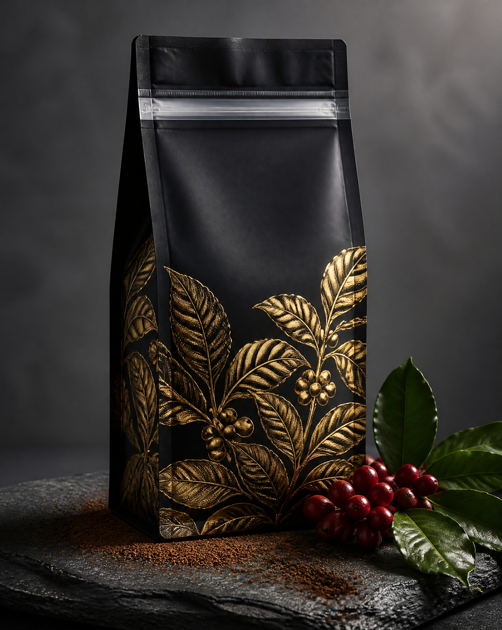 Matte-black eight-sided coffee bag with frosted zipper on slate beside coffee cherries and grounds