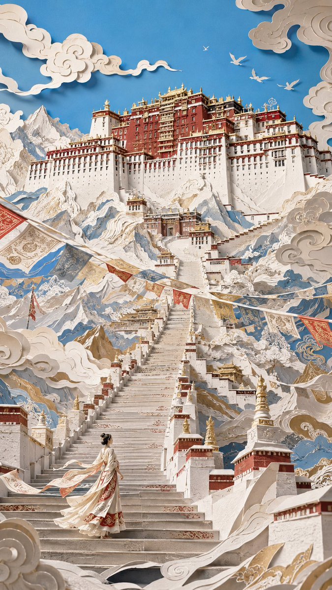 微小旅人越过无尽纸阶，仰望雪山之上的庞大高原宫殿。
