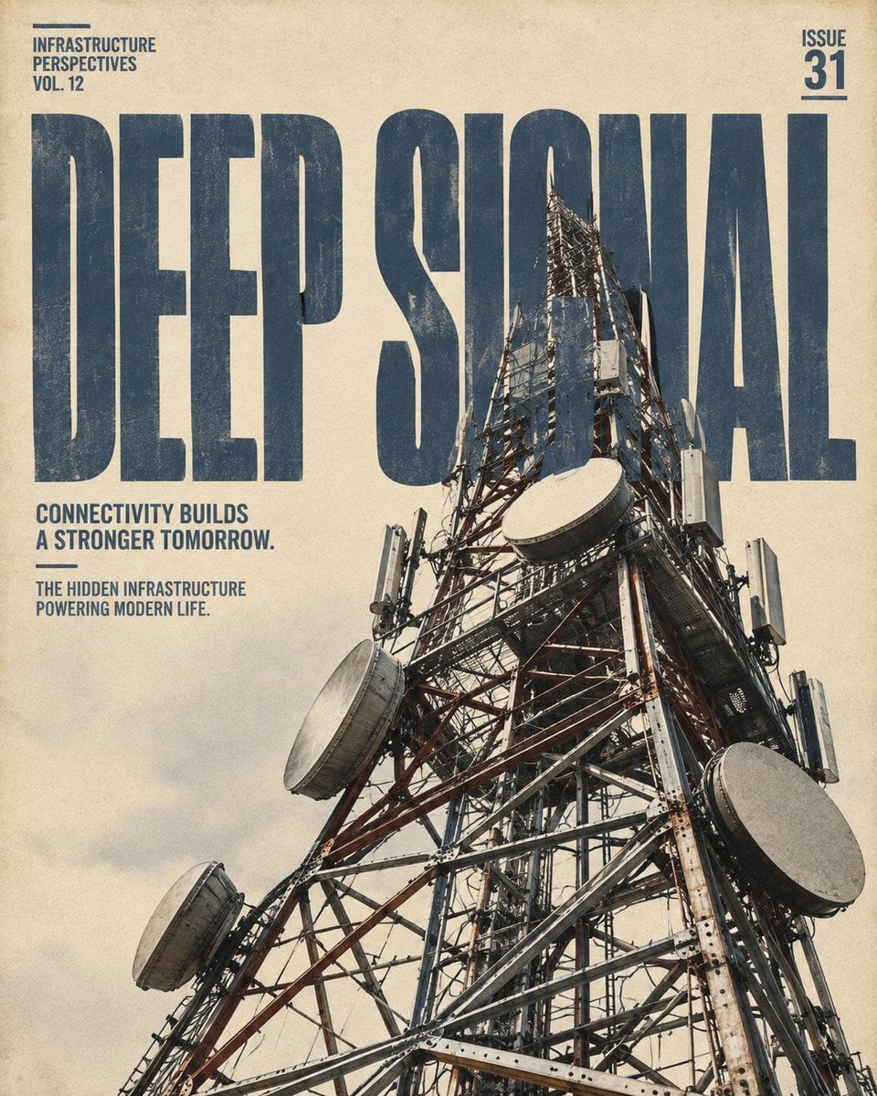 Infrastructure subject rising through slate-blue title letters on an aged-ivory magazine cover
