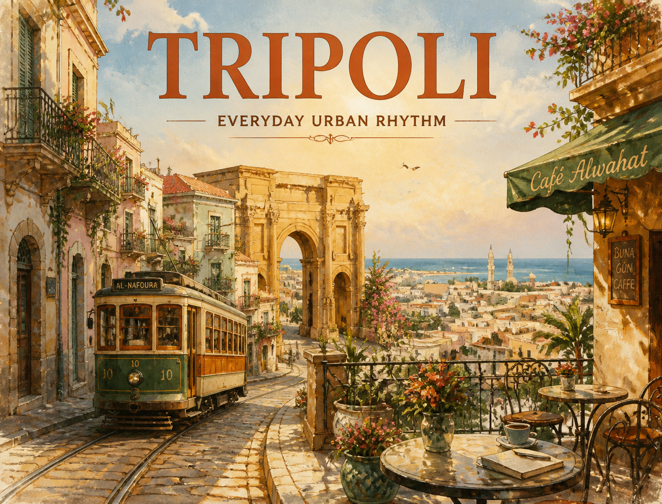 Dreamy vintage-style city poster with verified transport, pastel street, café tables, and distant horizon