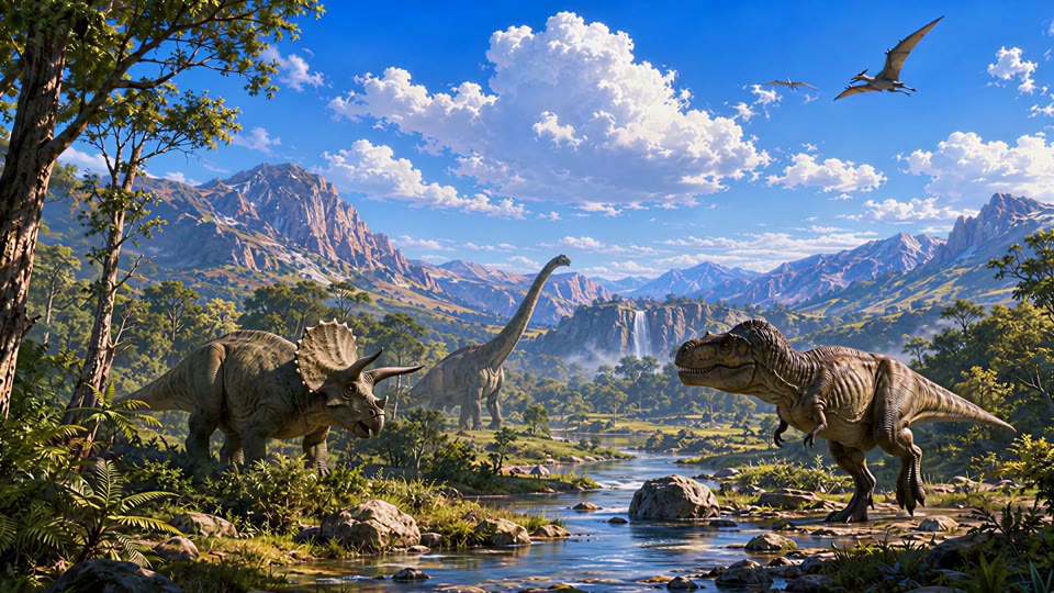 Rights-cleared painterly dinosaur valley with calm herbivores and river