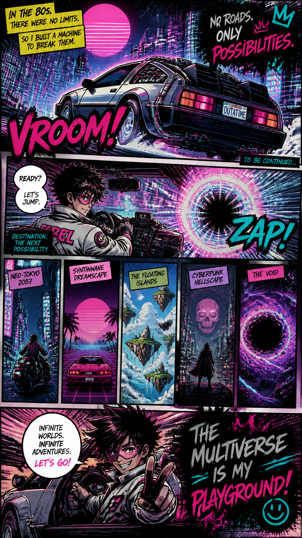Six-panel neon manga showing two original adults traveling through a circular multiverse portal