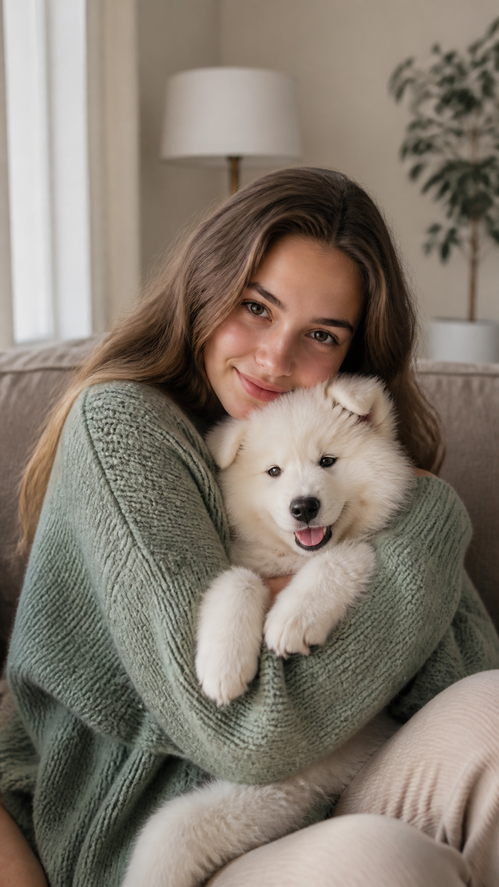 Original adult in sage knit loosely hugging a calm cream dog on a taupe sofa
