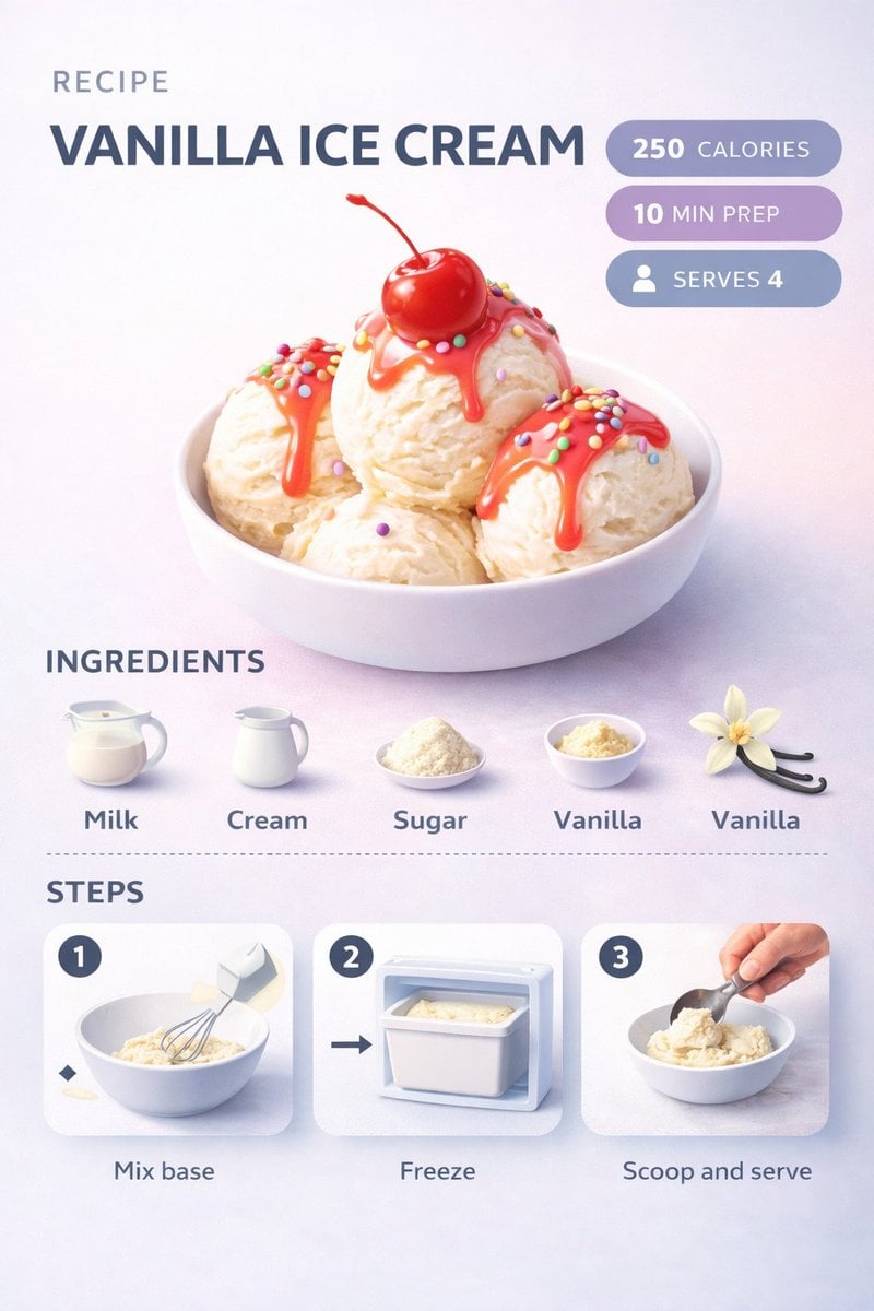 Vanilla ice-cream scoops beside four ingredient icons and three numbered process panels