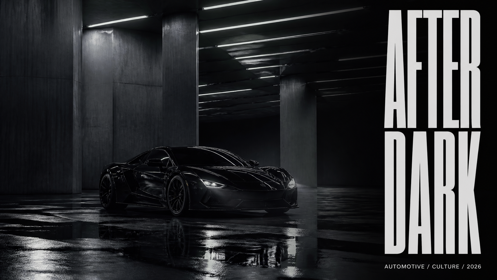 Původní matně černý exotický vůz pod tenkými bílými světly v mokré podzemní hale