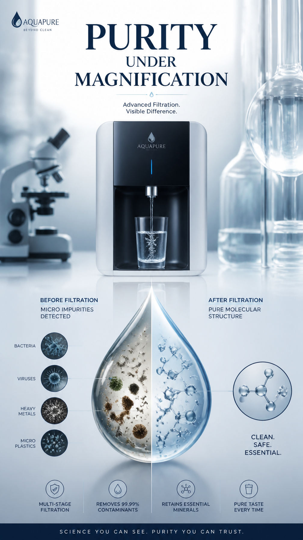 Unbranded water filter beneath two symbolic droplets with particles and clear motifs