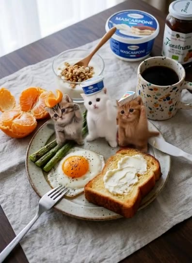 Whimsical three-kitten breakfast platform visual