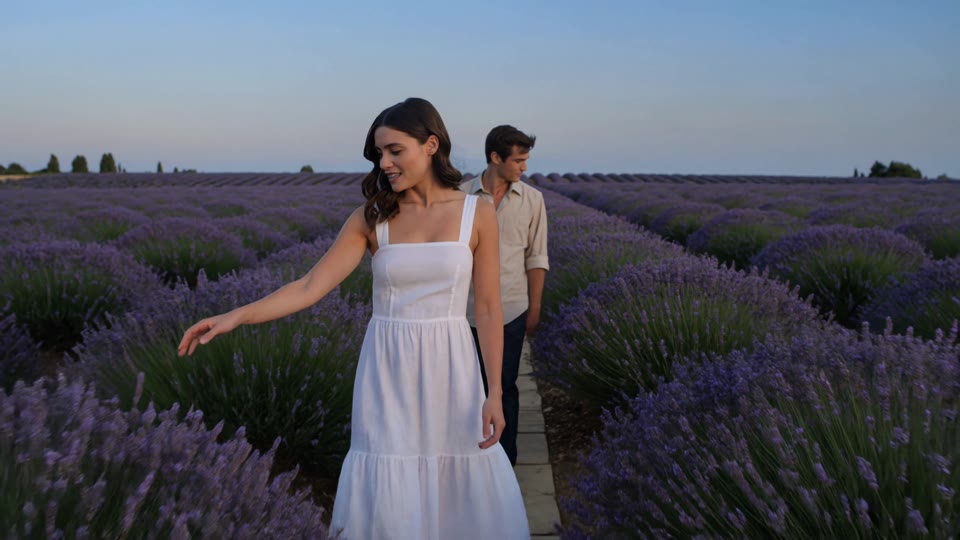 Original adult partners on a stone path between cultivated lavender rows at blue hour