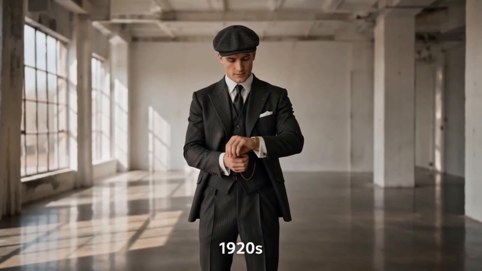 Authorized adult male model in original decade-inspired menswear