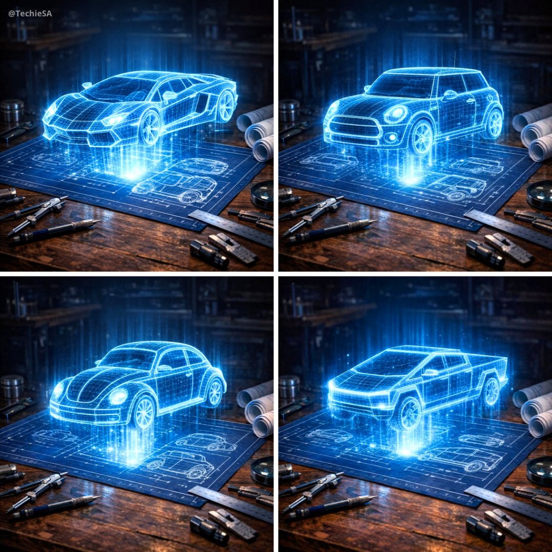 Cyan wireframe generic car aligned above matching drawings on a workshop blueprint