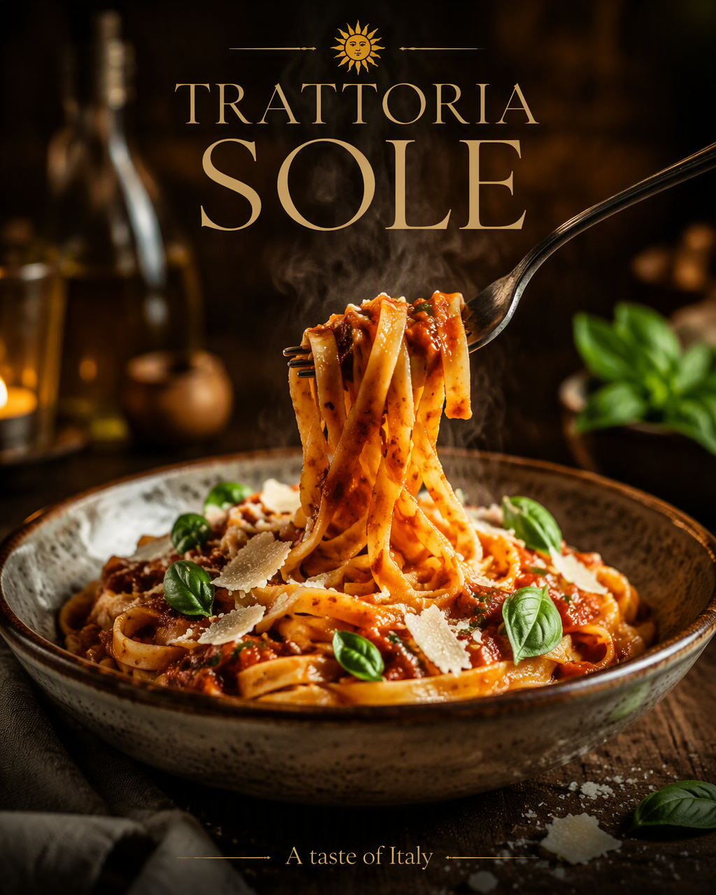 Fork-twirled tagliatelle in a rustic bowl under warm side light for fictional Trattoria Sole
