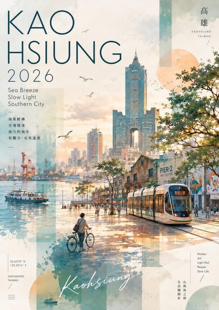 Akwarelowy plakat nabrzeża Kaohsiung z lekką koleją, promenadą, portem, panoramą i idącym rowerzystą