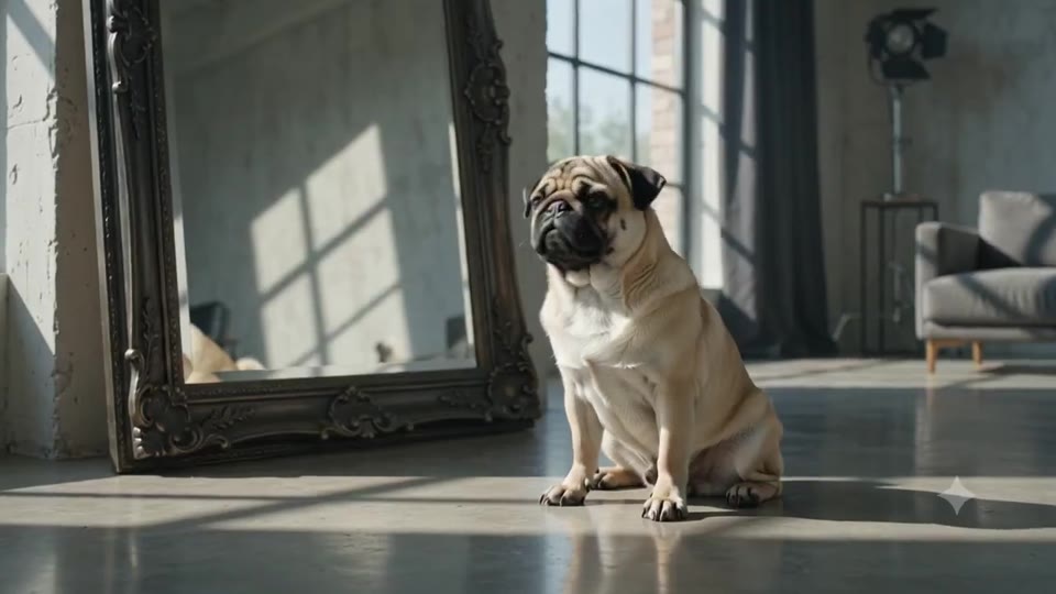 Calm pug and gentle wolf silhouette reflected in a stable floor mirror