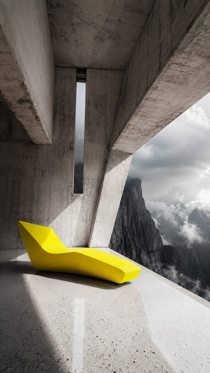 White concrete living room cantilevered above a cliff with red chaise and four glazed slits
