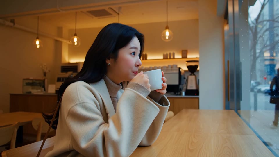 Adult café customer and first-snow doorway visual