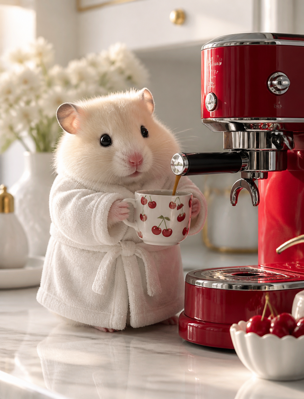 Fictional cream hamster in a white robe holding a cherry-print miniature cup