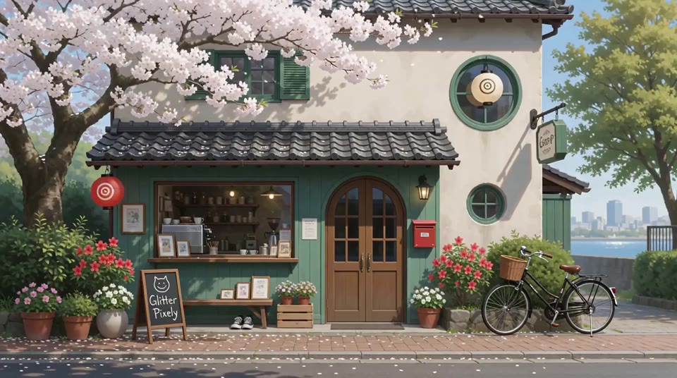 Original painterly waterfront café with branches petals and enclosed lanterns