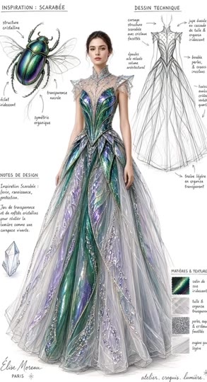 Original beetle-inspired couture design with adult model and material studies