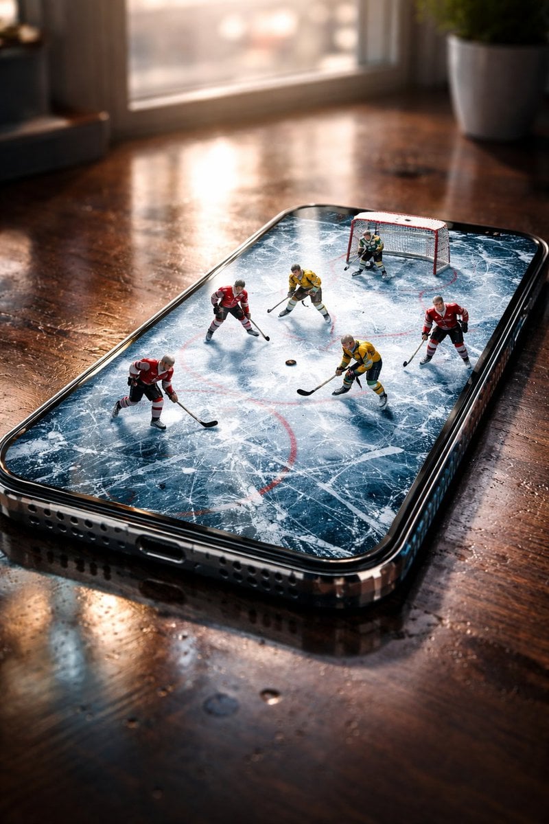 Generic smartphone screen transformed into a miniature ice rink with six tiny skaters