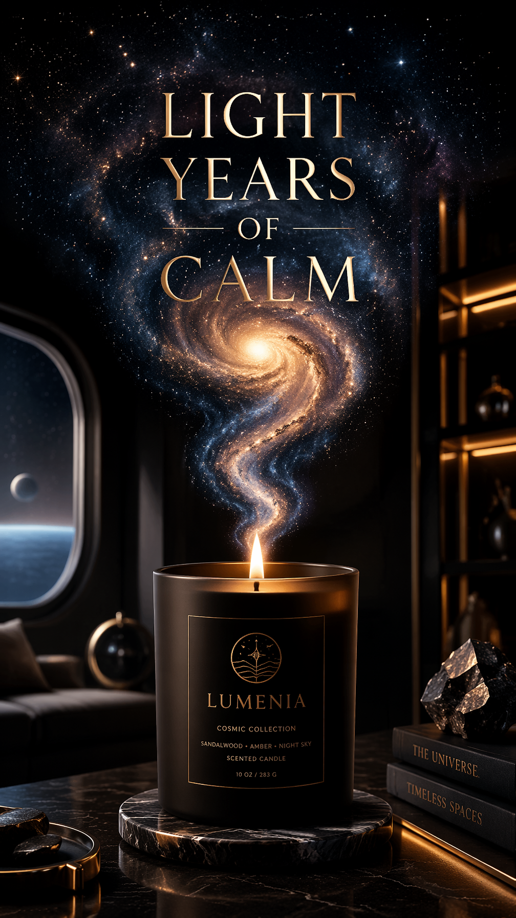 Plain ivory candle with a spiral galaxy rising from its small flame against dark navy
