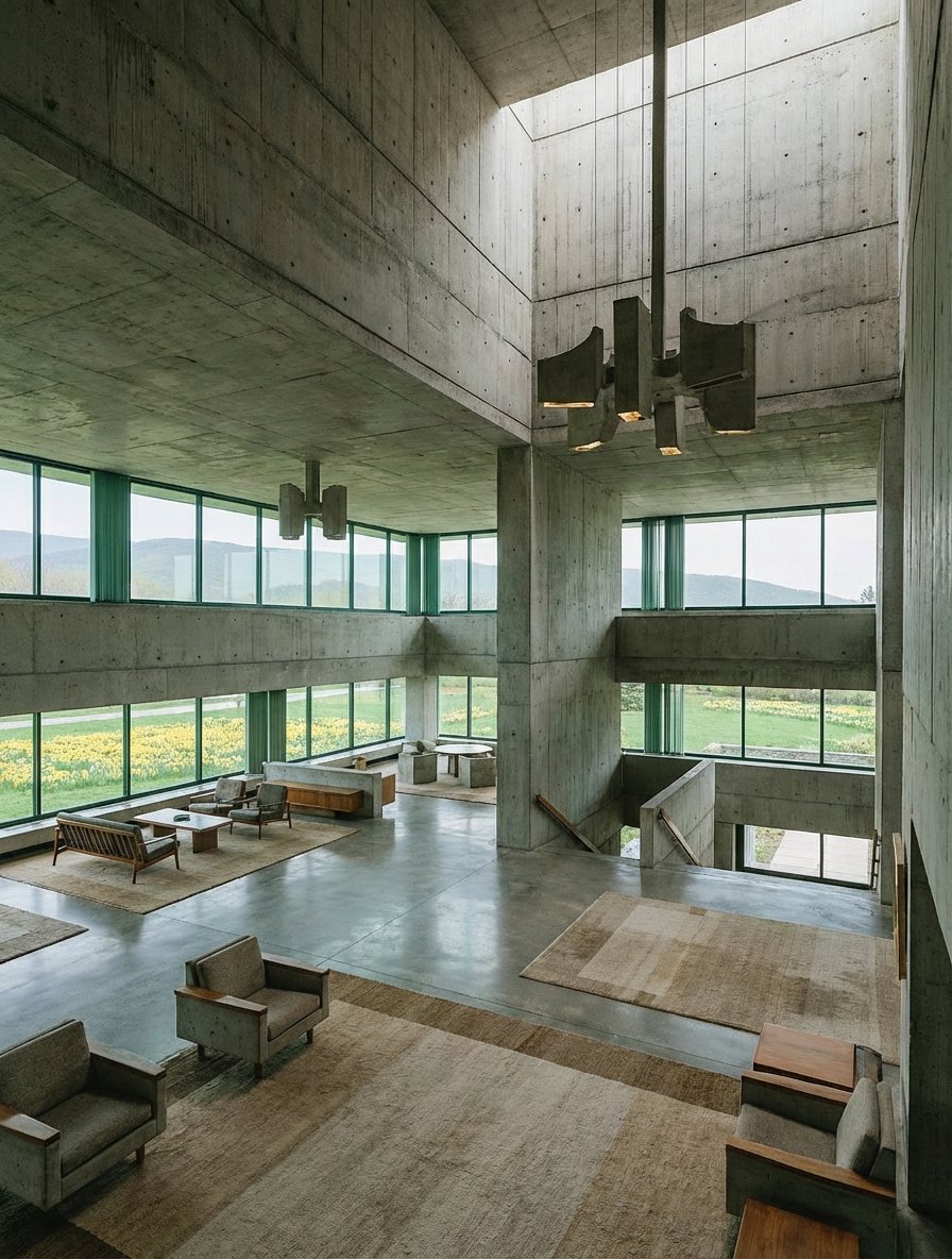 Náhled širokoúhlého přeformátování interiérové architektury, zobrazující geometrii místnosti, kompozici, materiálový styl, směr světla a opakovaně použitelnou výstupní strukturu.