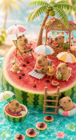 Three original plush toys exploring a giant watermelon island