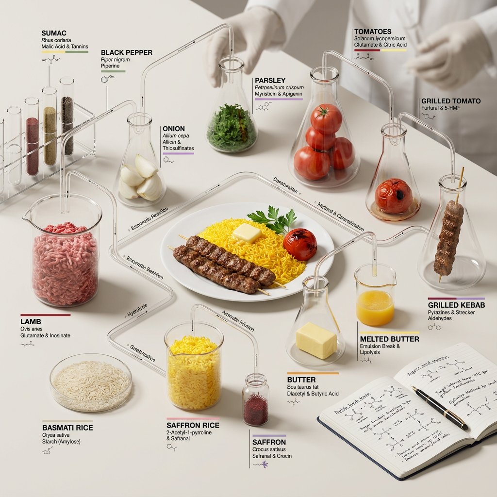 Culinary lab flavor map preview showing a plated dish surrounded by labeled lab glassware, tubing, and tasting notes.