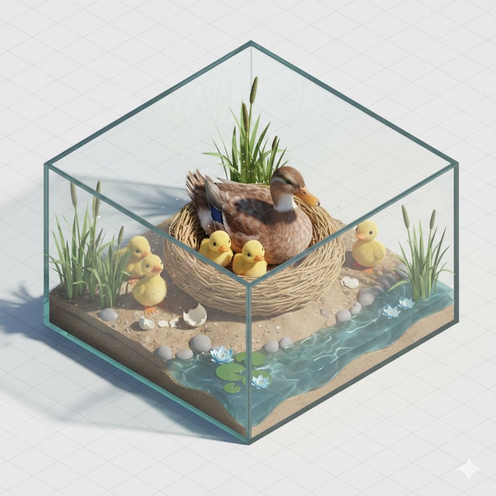 Isometric miniature of one adult parrot feeding verified hatchlings in a supported branch nest