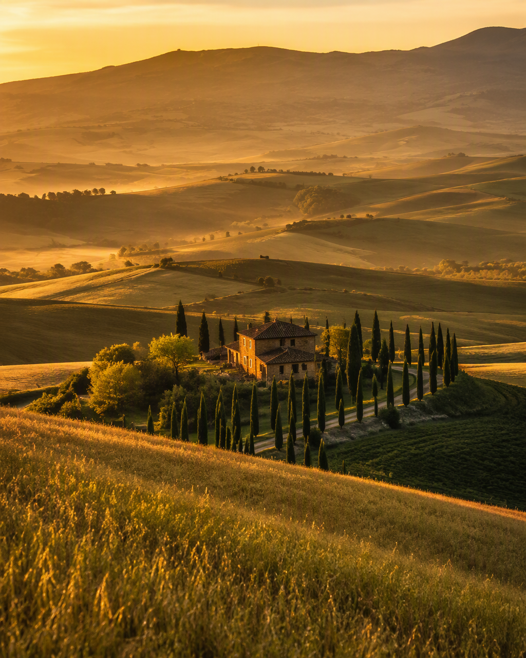 Rolling Tuscan hills with cypress row, lone stone farmhouse, long golden shadows, and valley mist