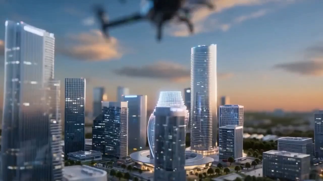 Προεπισκόπηση τίτλων μικροσκοπικής μελλοντικής πόλης με επιτραπέζια κτίρια μοντέλου, πολυεπίπεδα φωτισμένα παράθυρα και καθαρό τελικό χώρο τίτλου.