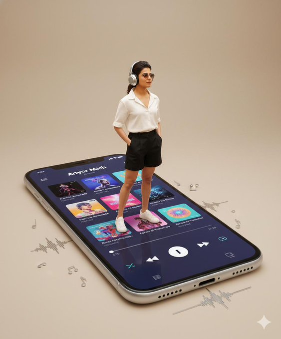 Surreal app poster preview showing a creator standing on a giant smartphone interface in a minimal studio setting.