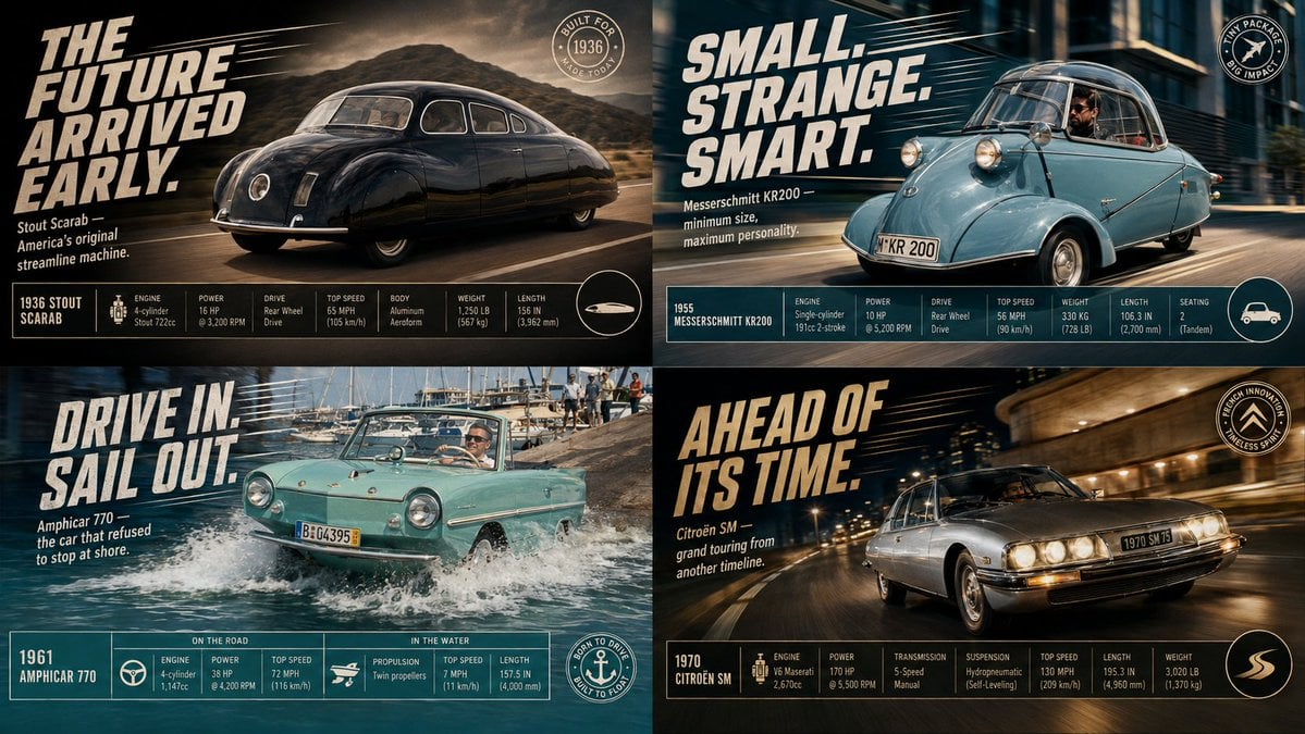 Four unbranded unusual car archetypes arranged in a consistent two-by-two commercial grid