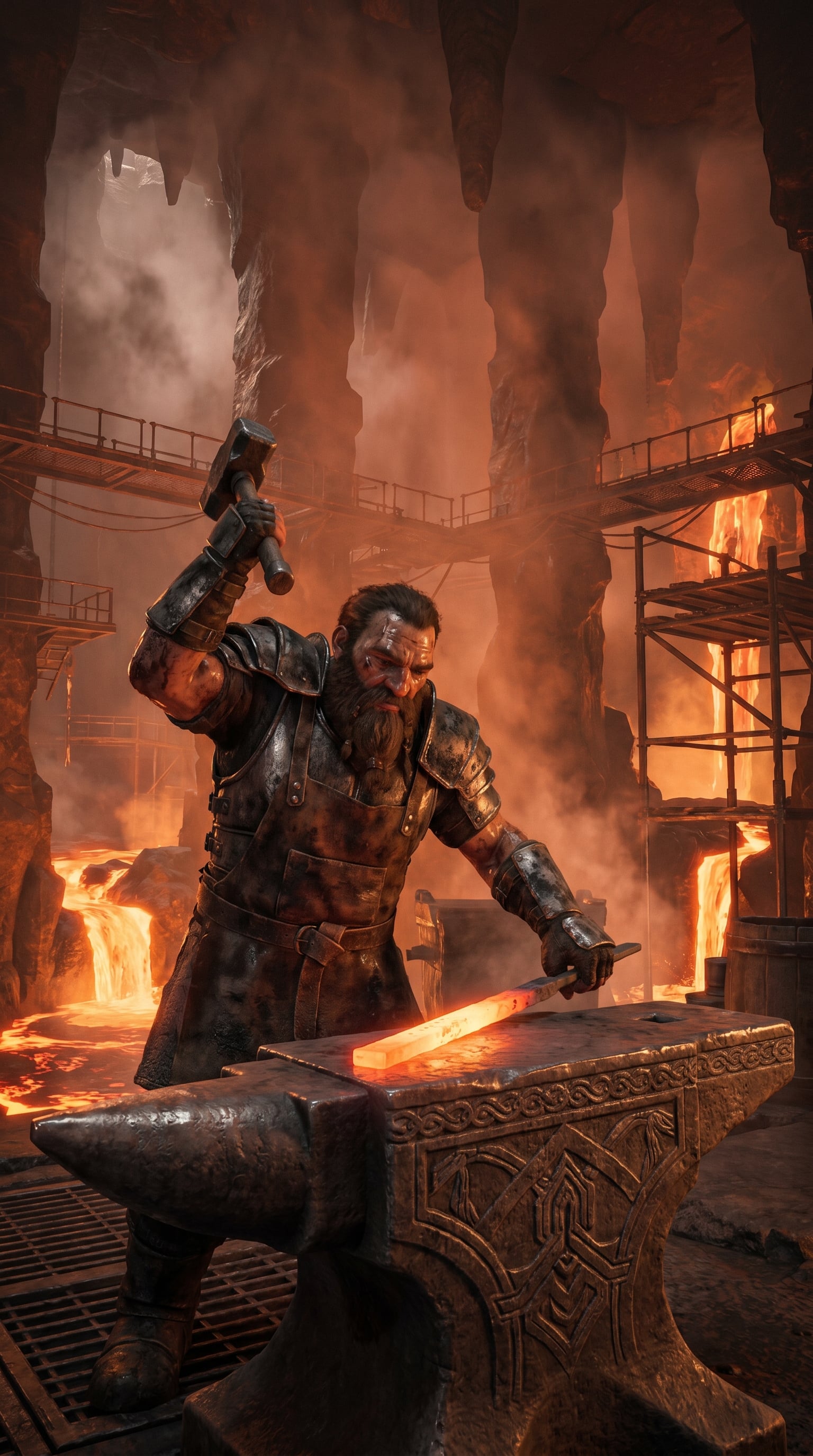 Original adult fantasy smith striking hot metal in a vast volcanic cavern workshop