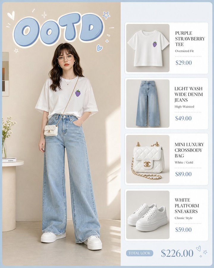 Náhled infografiky korejského streetwear OOTD ukazující námět, kompozici, stylové vedení a opakovaně použitelnou strukturu výstupu.