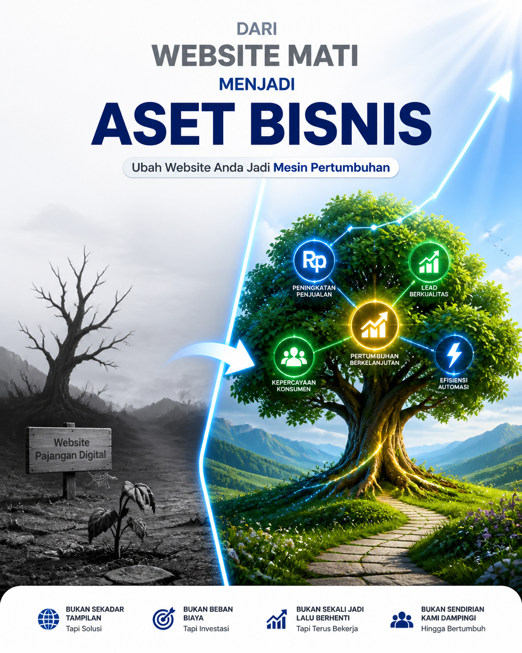 A diagonal split from gray dormant land to a thriving digital tree with editable workflow markers