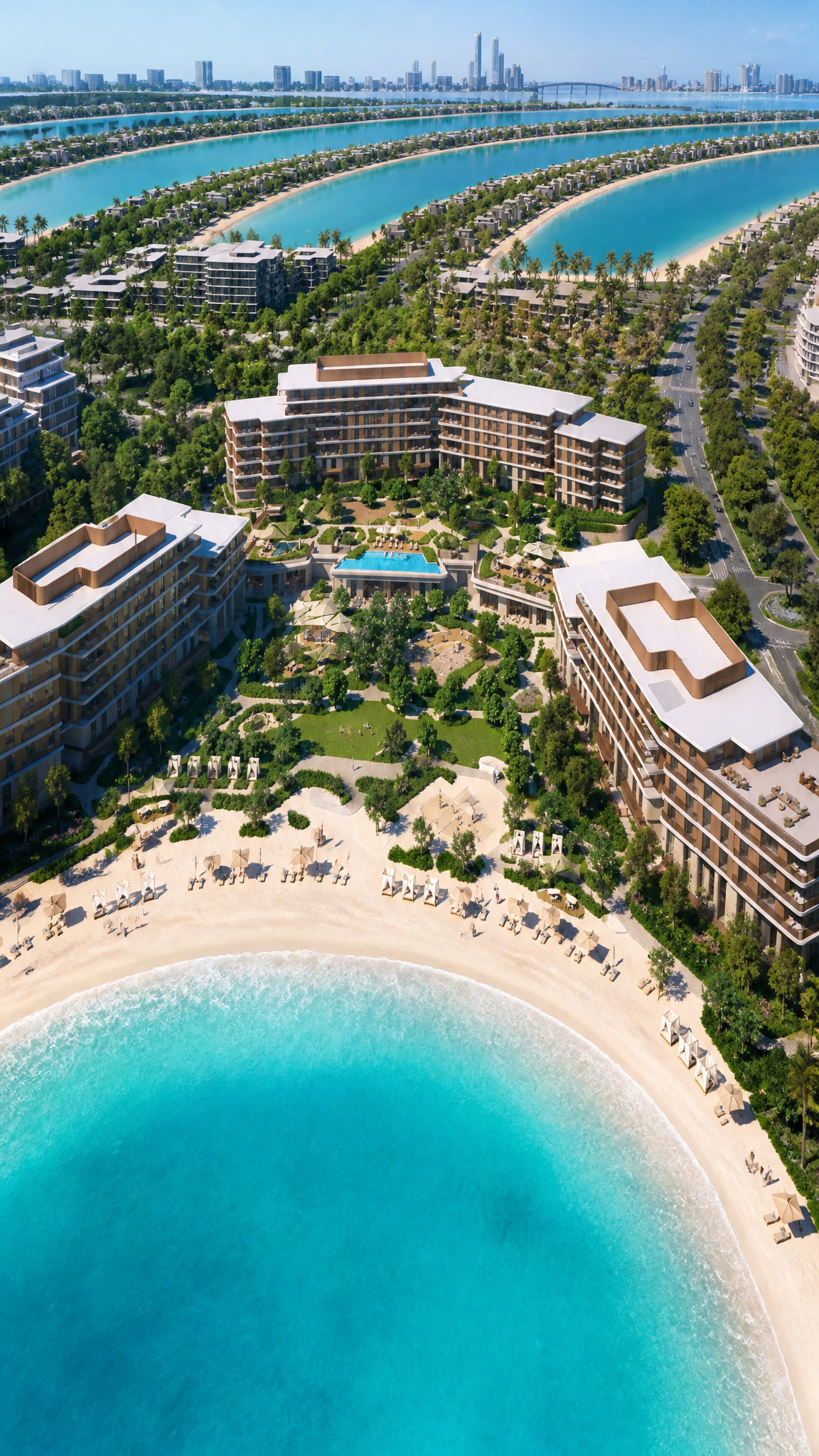 Tiered sand-toned coastal resort around a green courtyard and pool beside beach and turquoise sea