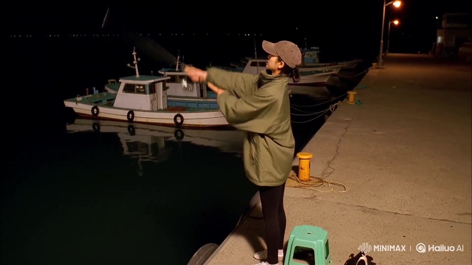 Adult angler safely waiting on a railed Korean-style harbor pier at night