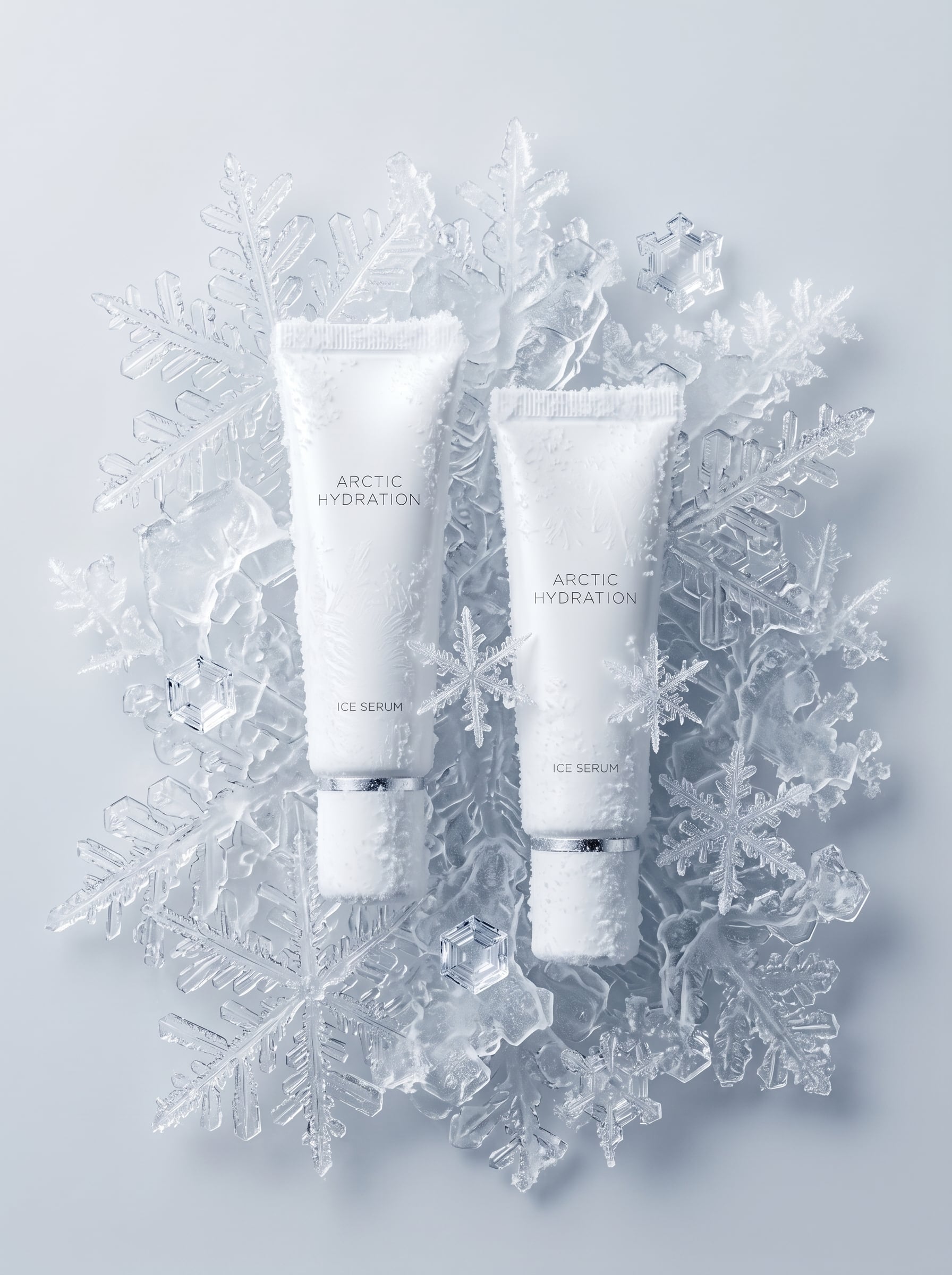 Two blank white and blue cosmetic tubes resting on stable rough ice-like studio props