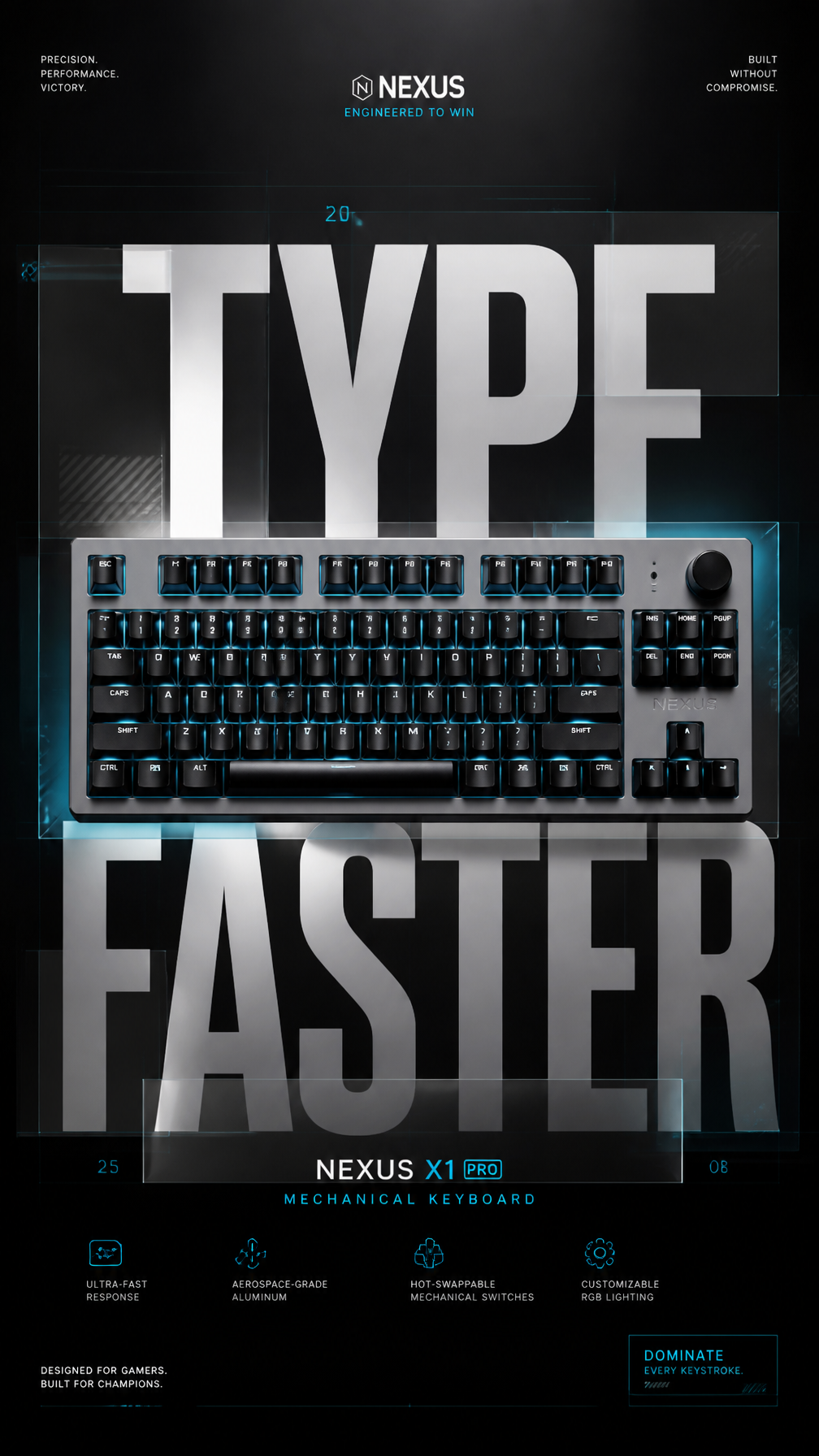 Original logo-free black mechanical gaming keyboard centered over translucent panels and cyan grid