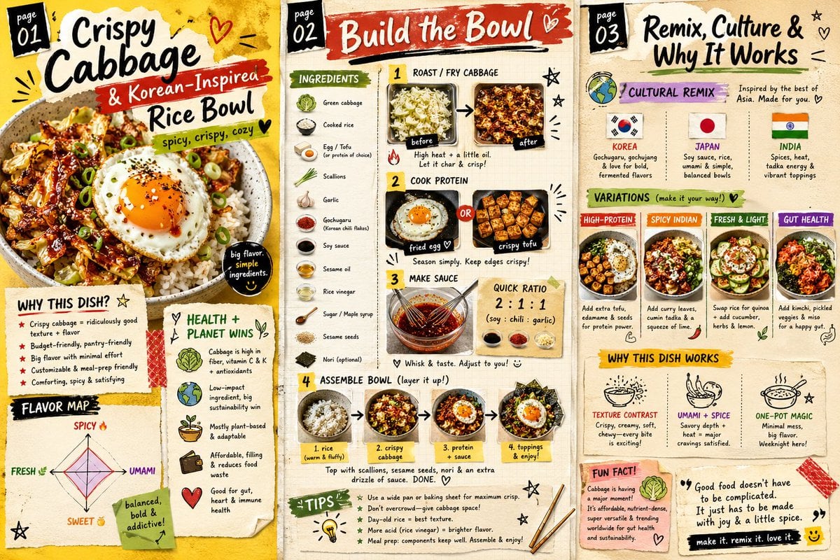 Three equal editorial panels showing a crispy cabbage rice bowl, ingredients, four steps, and four variations