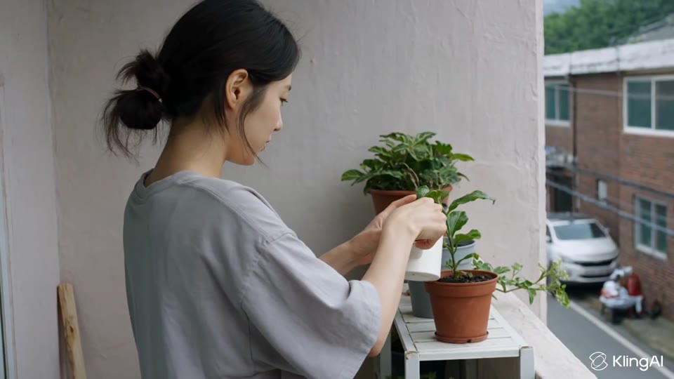 Adult safely tending three balcony planters in soft morning light