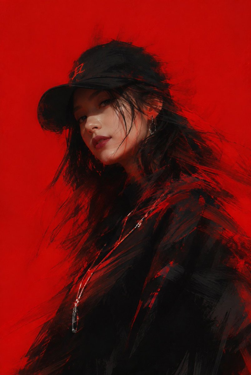 Original adult hip-hop dancer in black streetwear against a ruby-red field