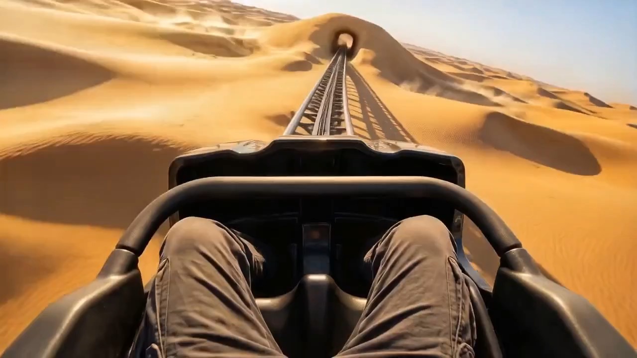Náhled POV videa jízdy na horské dráze z první osoby, který ukazuje trať vpředu z pohledu předního sedadla.