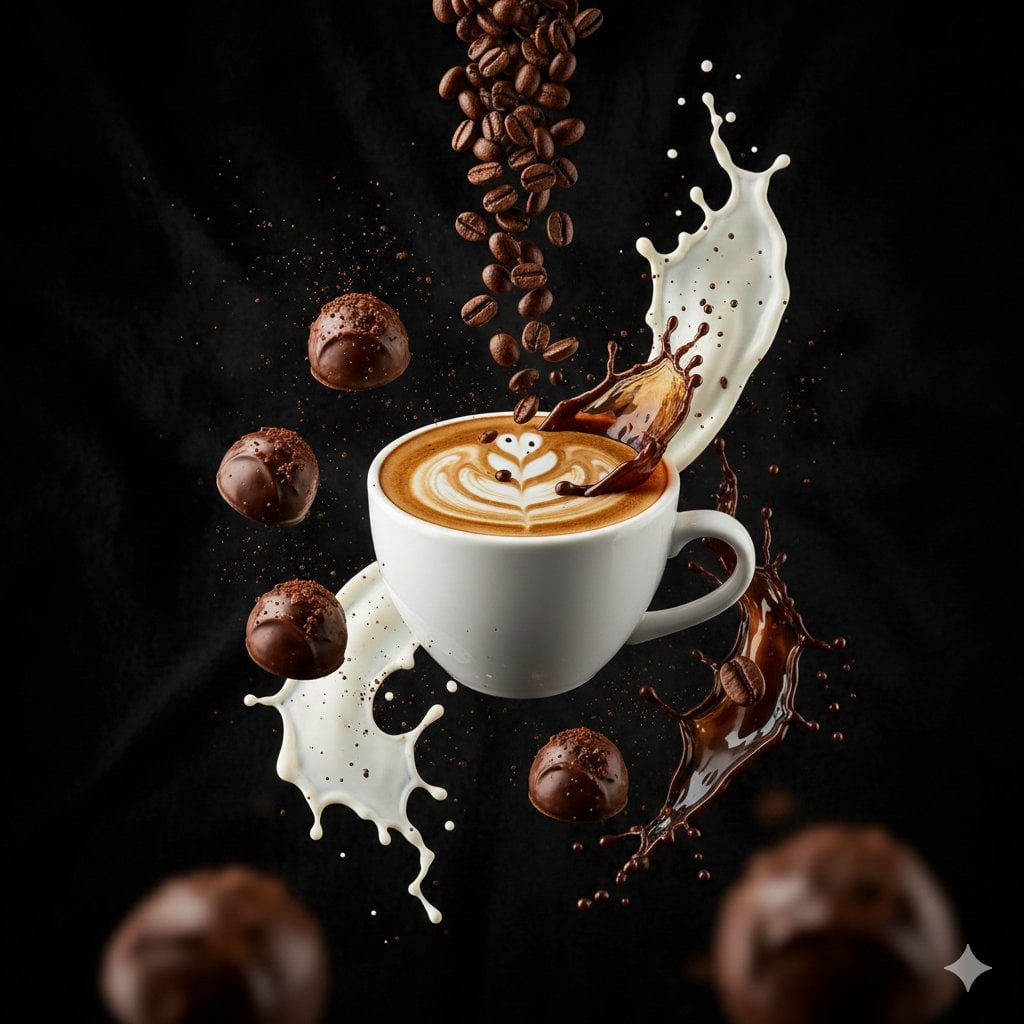 Coffee beans, bonbons, cup, espresso ribbon, milk ribbon, and grounds suspended over black