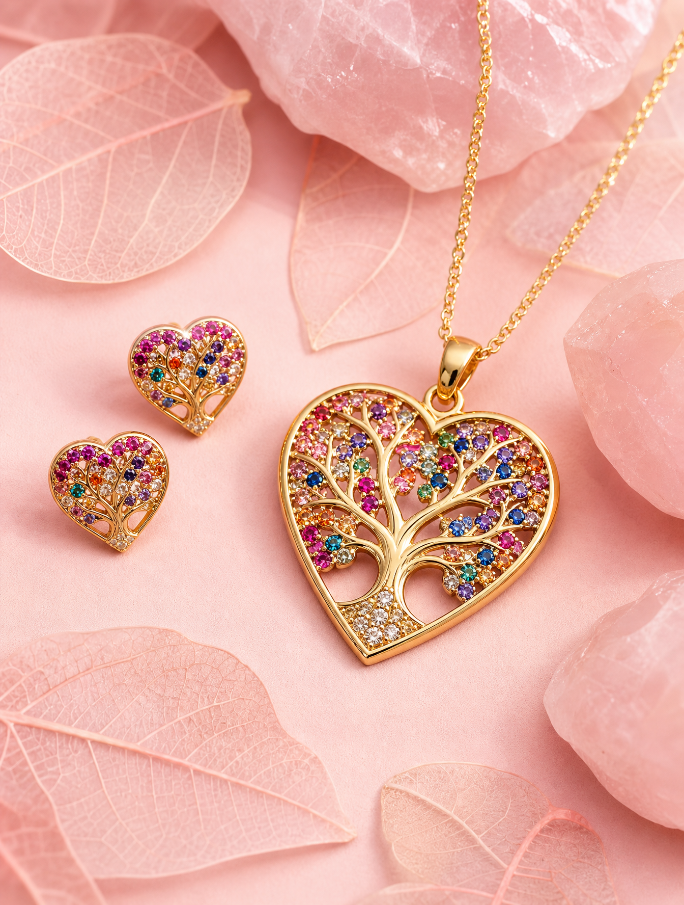 Heart pendant and two matching studs with multicolor tree pavé on pastel pink