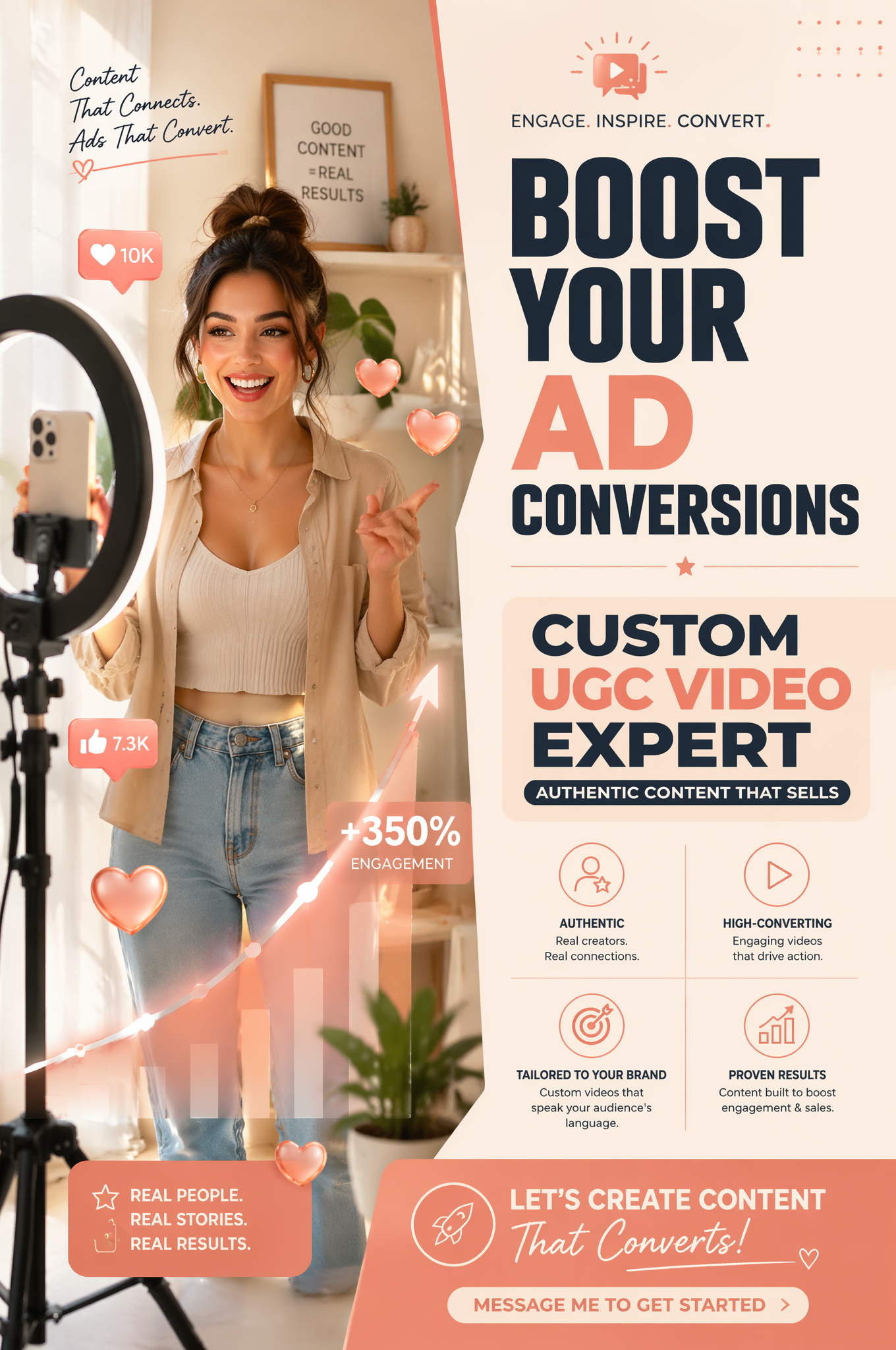 Original adult content presenter beside a generic phone and clean marketing copy grid