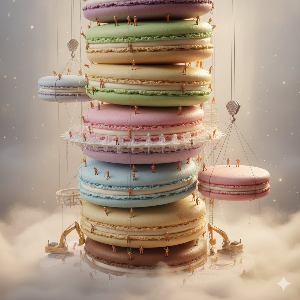 Surreal macaron construction campaign preview showing pastel macarons as a miniature worksite with cranes, scaffolds, studio lighting, and a reusable campaign layout.