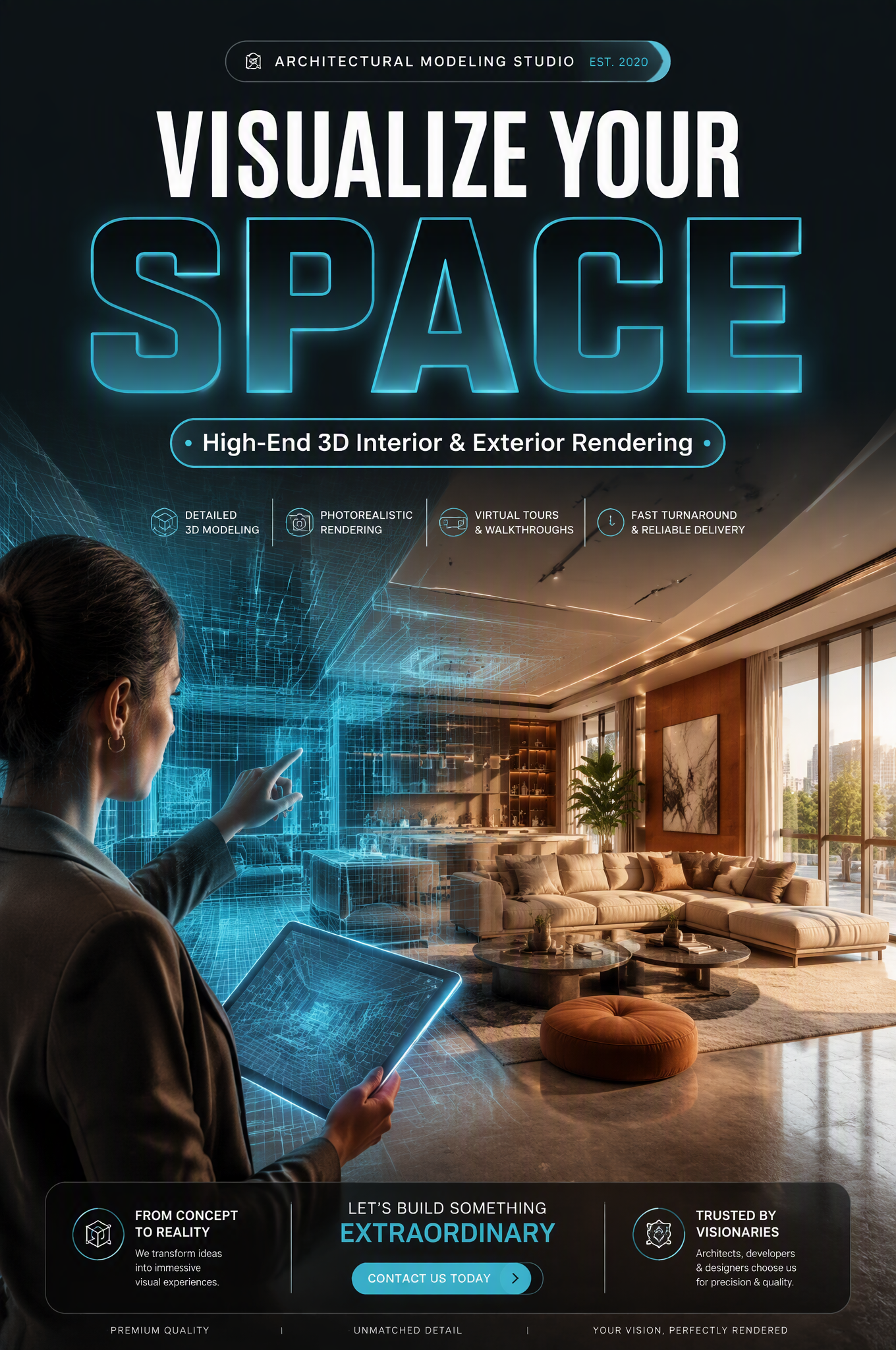 Interior designer presenting a living room split between blue CAD wireframe and furnished reality