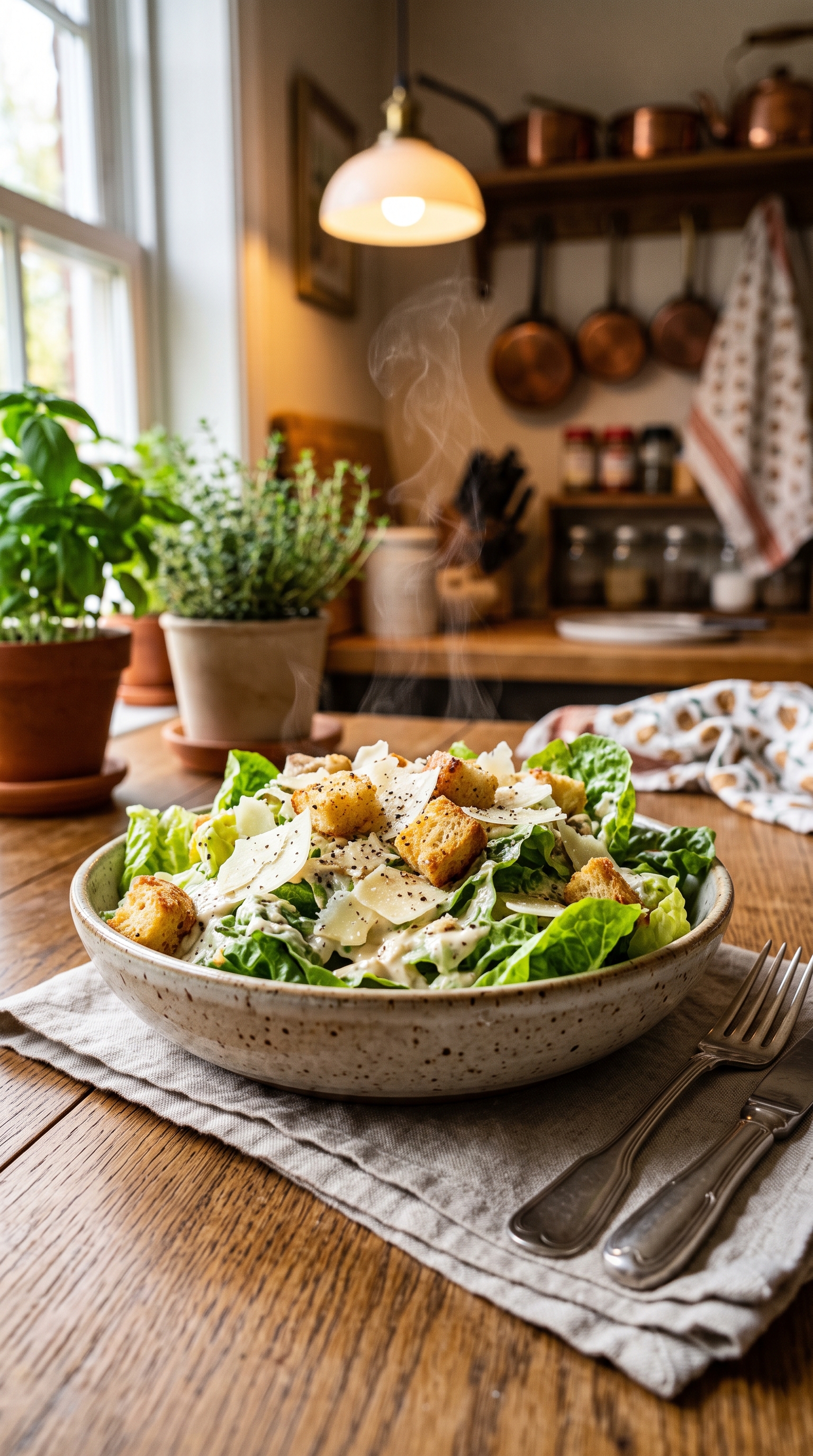 Verified Caesar-style salad in an off-white bowl on a rustic table beside soft window light